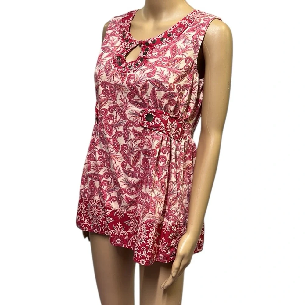 One World Cotton Paisley Print Sleeveless Embellished Tunic Top Blouse Womens S